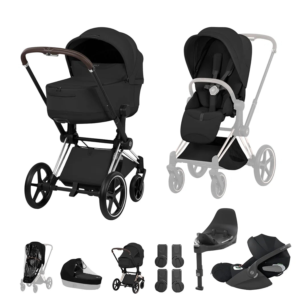 CYBEX PRIAM Fold Cot Travel System Bundle - Style Sepia Black Chrome/Brown