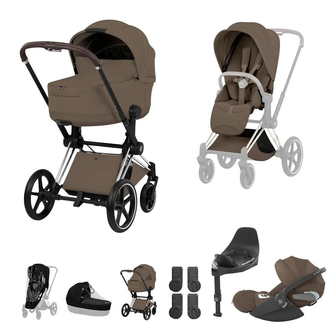 CYBEX PRIAM Fold Cot Travel System Bundle - Style Coconut Brown Chrome Brown