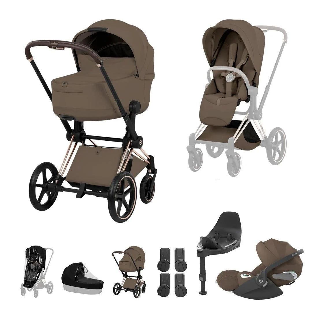 CYBEX PRIAM Fold Cot Travel System Bundle - Style Coconut Brown Rose Gold