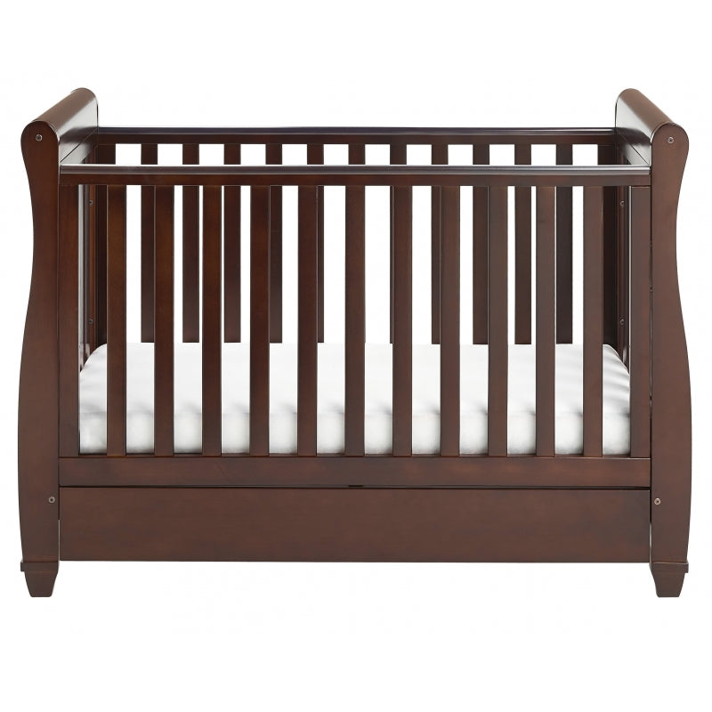 Babymore Eva Sleigh Cot Bed Drop side with Drawer & cot top changer & foam mattress -Brown