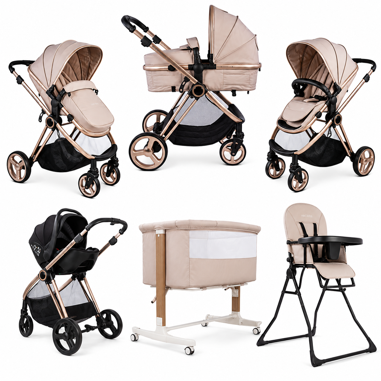 “Vanilla Bundle” Red kite I pace travel system, rockabye bedside crib and feed me fold highchair