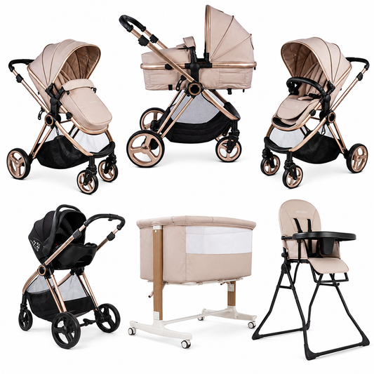 “Vanilla Bundle” Red kite I pace travel system, rockabye bedside crib and feed me fold highchair
