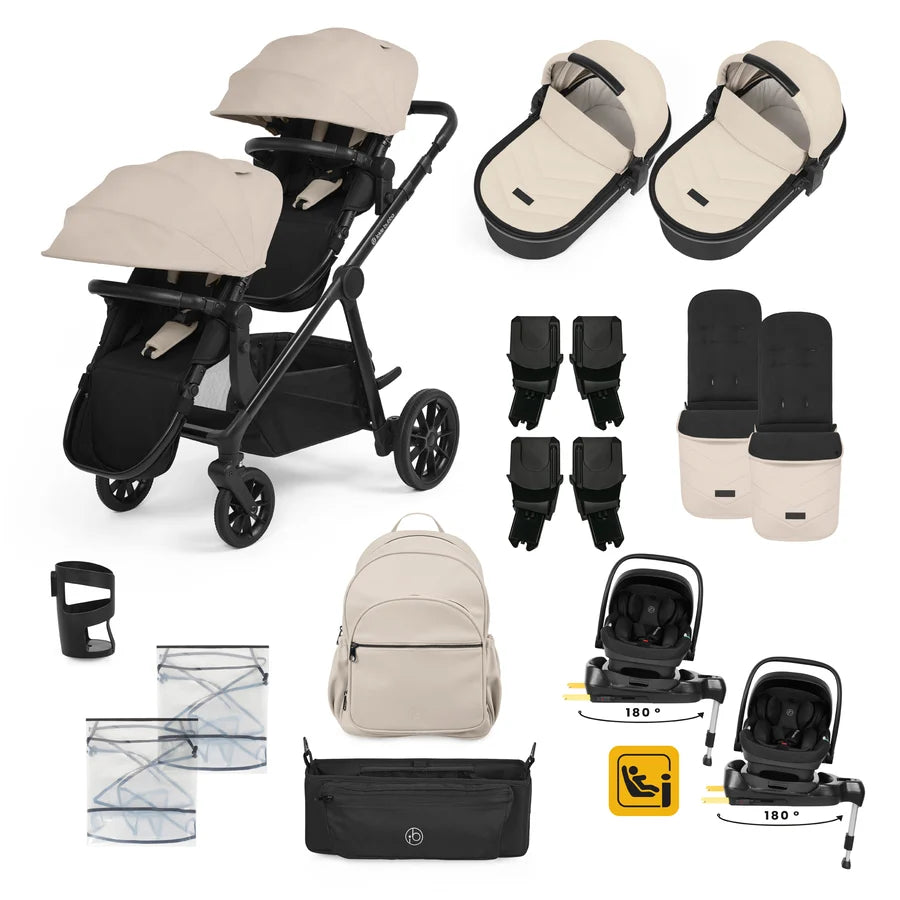 Ickle Bubba Virgo Twin 18 Piece Travel System with i-Size Nimbus Car Seats & Spin ISOFIX Bases -Stone