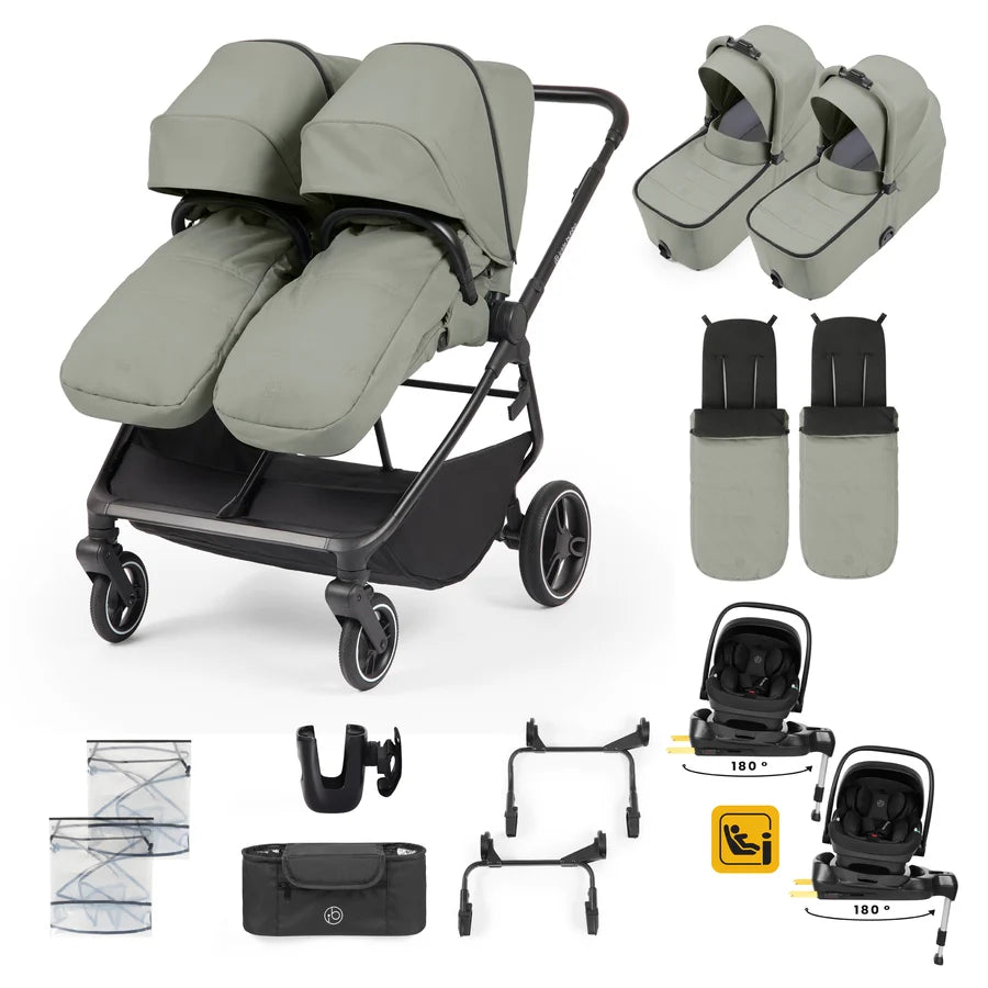 Ickle Bubba Altair Twin 17 Piece Travel System with i-Size Nimbus 180 Spin Car Seats & ISOFIX Bases, Laurel Green* PRE ORDER BEGINNING OCTOBER