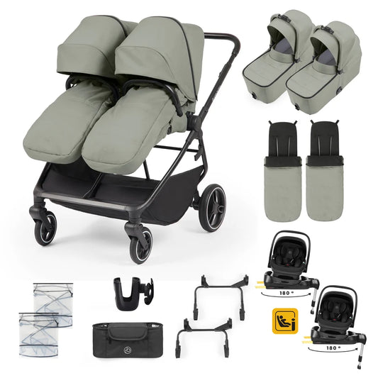 Ickle Bubba Altair Twin 17 Piece Travel System with i-Size Nimbus 180 Spin Car Seats & ISOFIX Bases, Laurel Green* PRE ORDER BEGINNING OCTOBER
