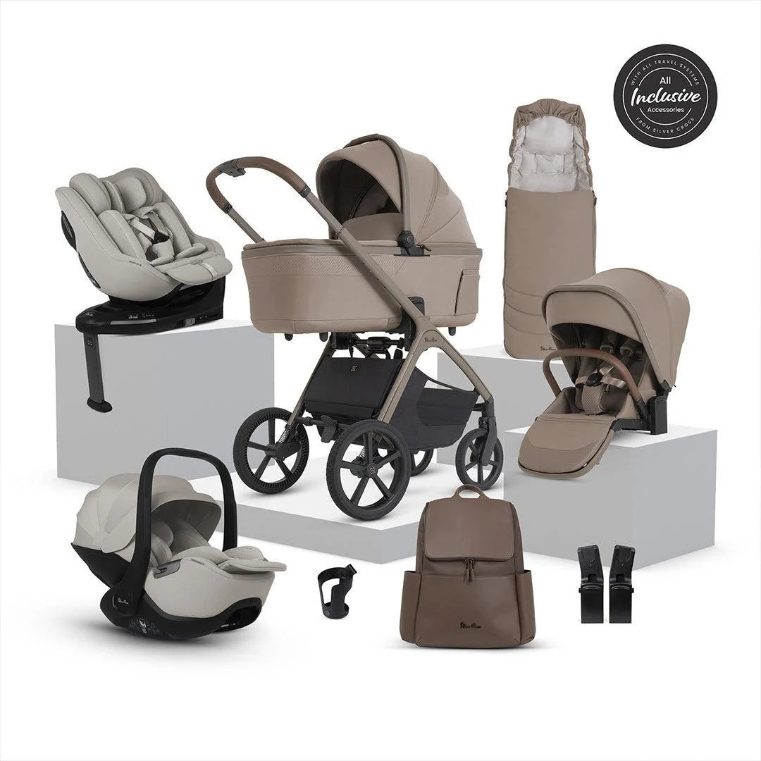 Silver Cross Cove 2 Travel System Ultimate 360 Family Car Seat Bundle (11 piece) Champagne Natural Taupe Car Seat