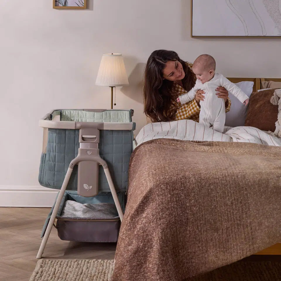 Tutti Bambini Cozee Sense Bedside Crib – Whitewash/Kelp