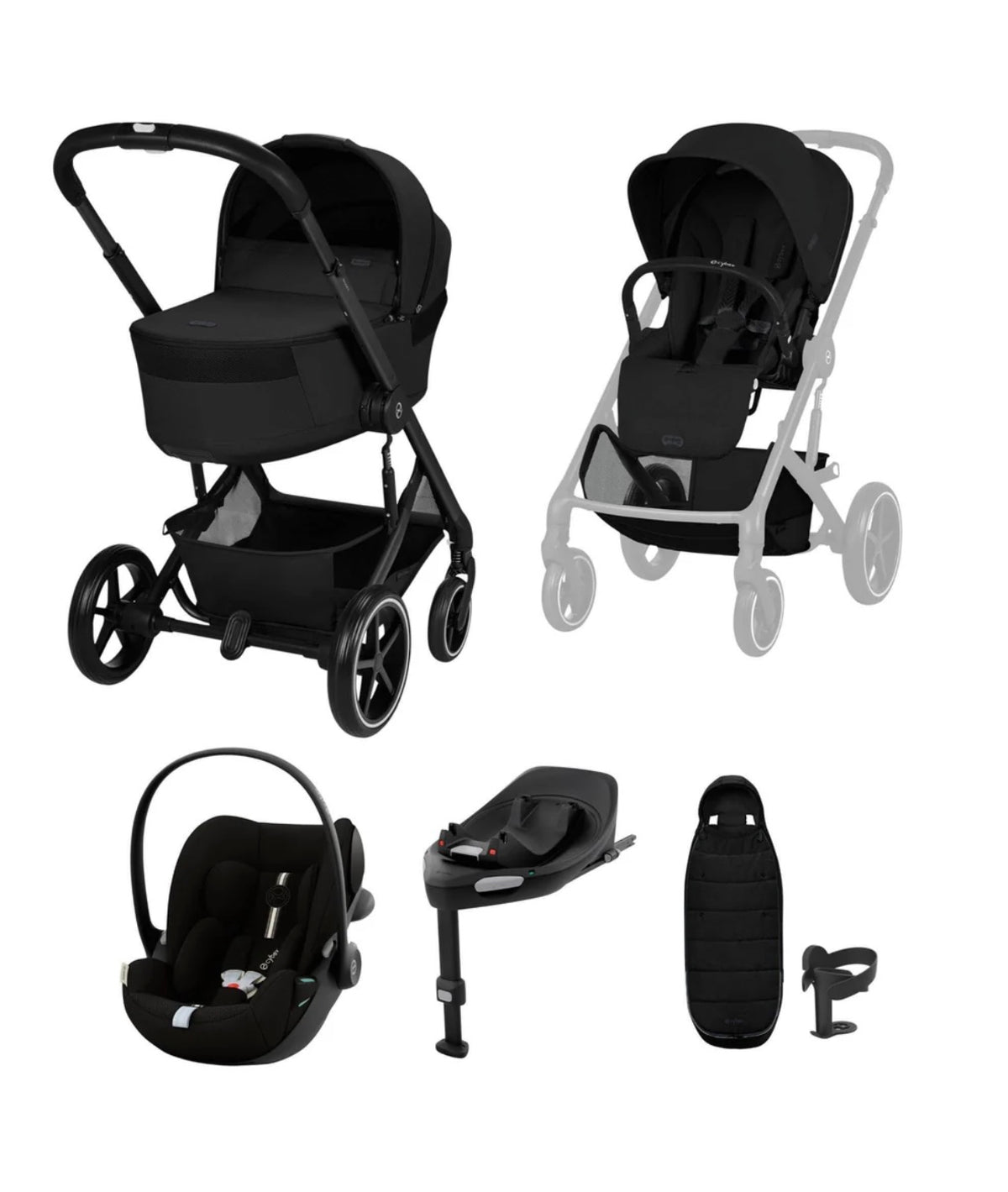 Cybex Balios S Lux + Folding Carrycot Bundle with Cloud G3 Plus Car Seat Moon Black