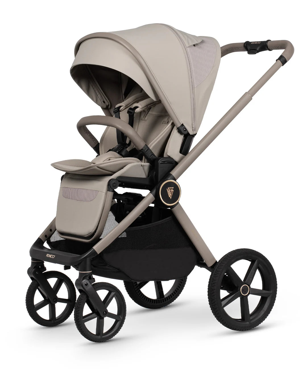 Venicci Upline3 Travel System Inc Tiago Car Seat & 360 Base 16 Piece Ultimate Bundle - Pebble Beige Car Seat