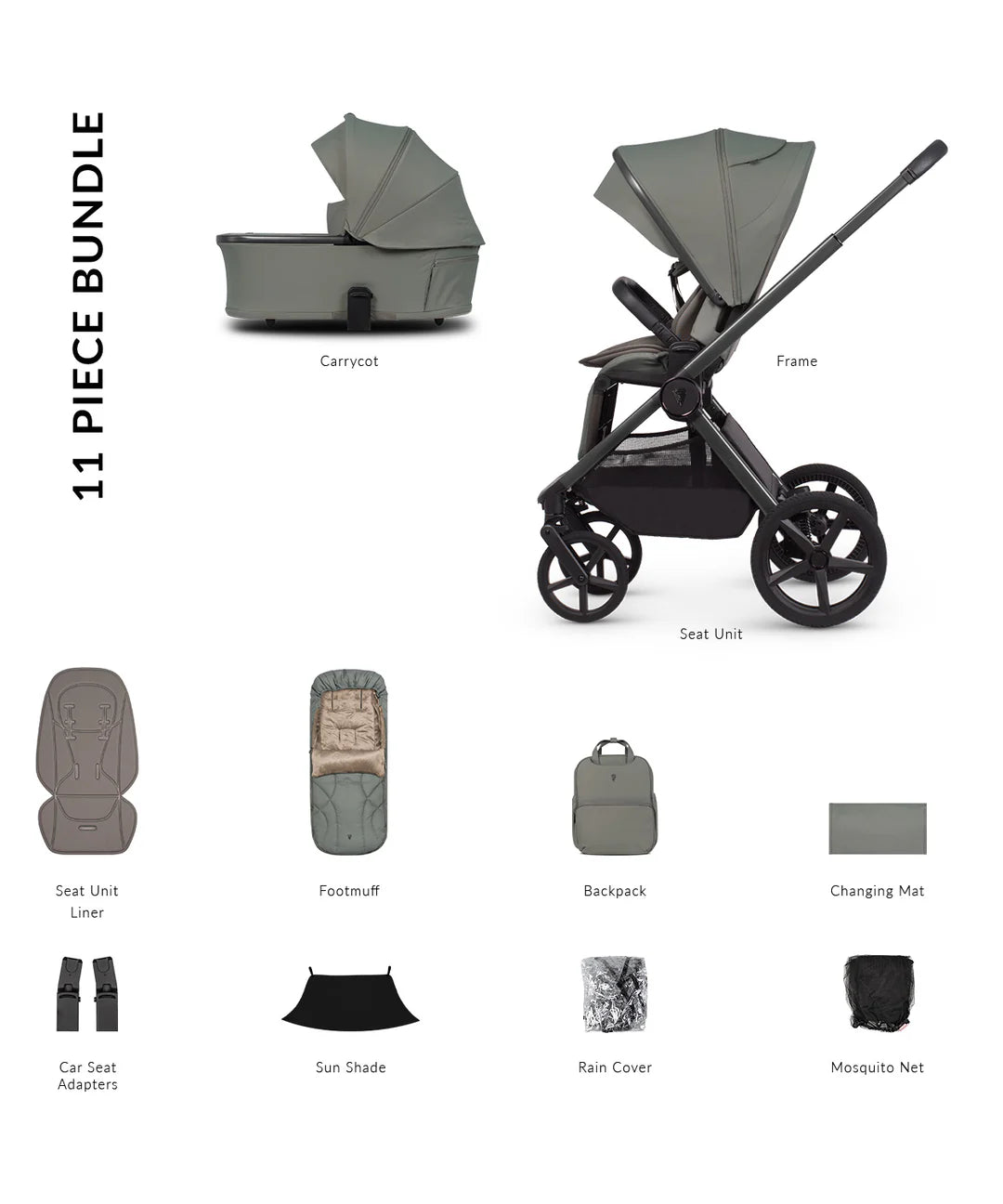 Venicci Upline3 11 Piece Pram Bundle - Aloe