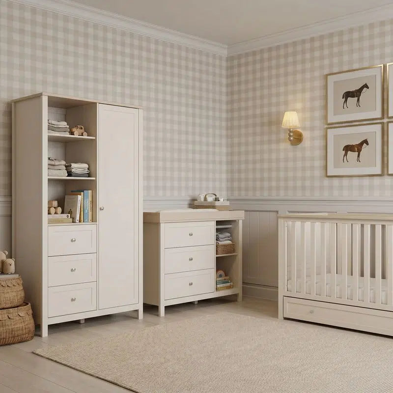 Bebe & Beyond Wanderer 4 Piece Nursery Room Set (Wide Dresser) – Cashmere & Oak