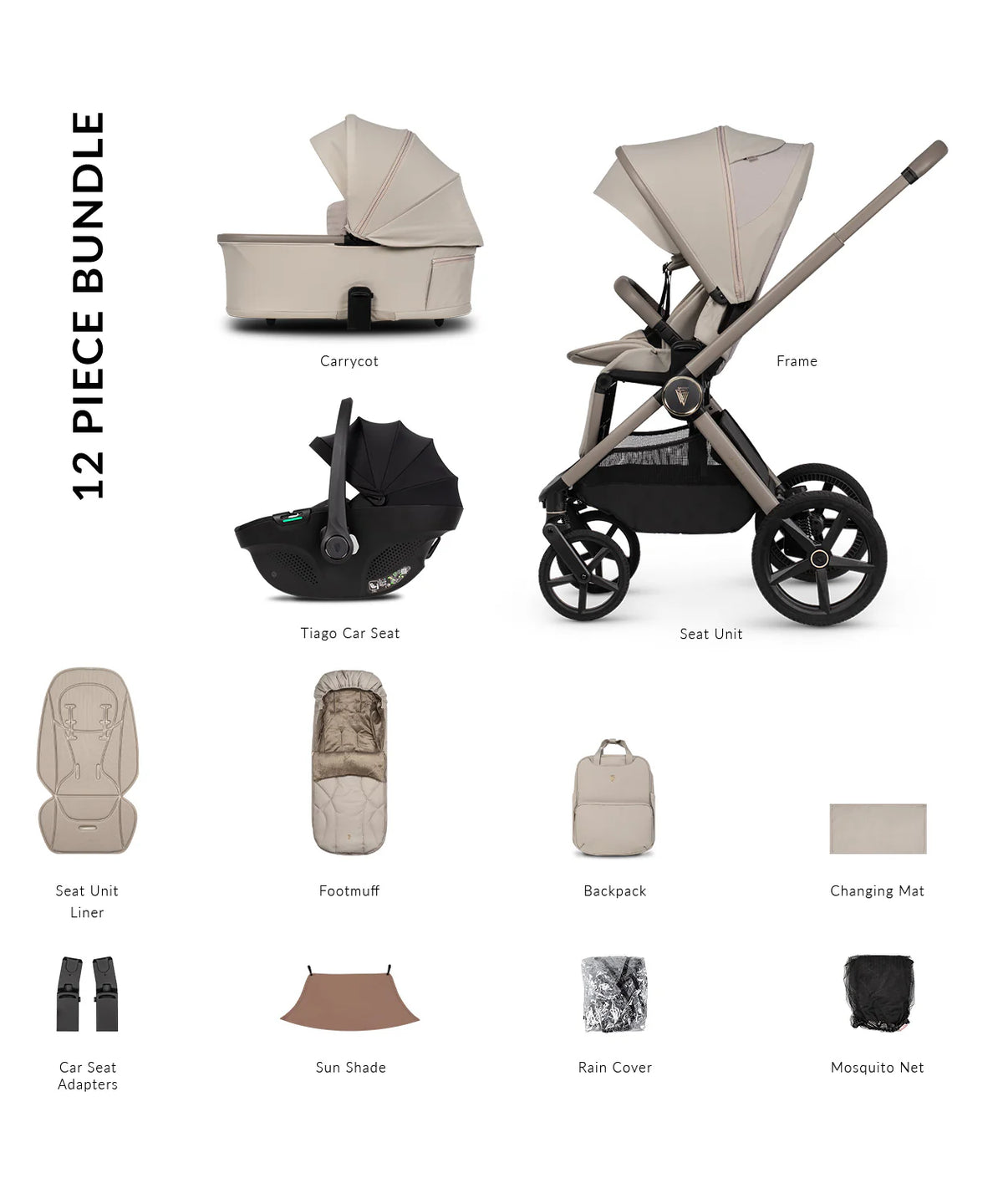 Venicci Upline3 Travel System  3 in 1 with 12 Piece Comfort Bundle Pebble Beige Car Seat