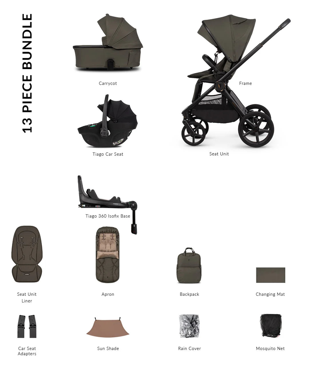 Venicci Upline3 Travel System Inc Tiago Car Seat & 360 Base 13 Piece Luxury Bundle - Truffle Black Car Seat