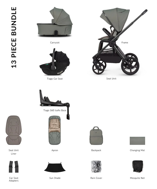 Venicci Upline3 Travel System Inc Tiago Car Seat & 360 Base 13 Piece Luxury Bundle - Aloe Beige Car Seat