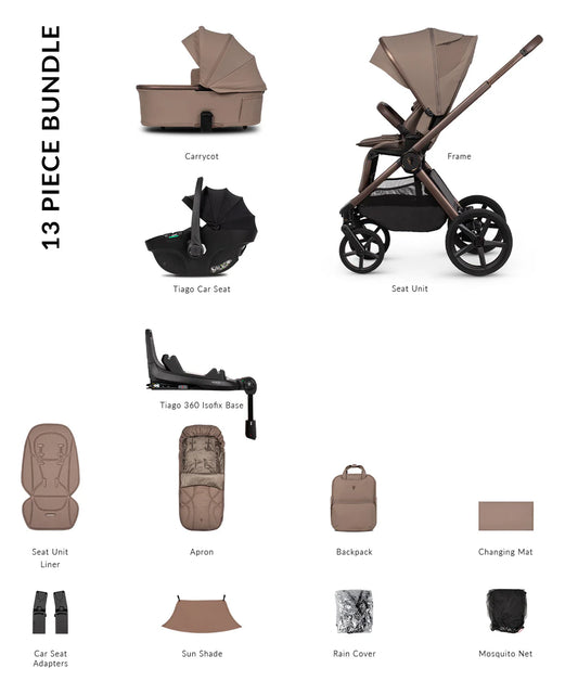 Venicci Upline3 Travel System Inc Tiago Car Seat & 360 Base 13 Piece Luxury Bundle - Sand Beige Car Seat