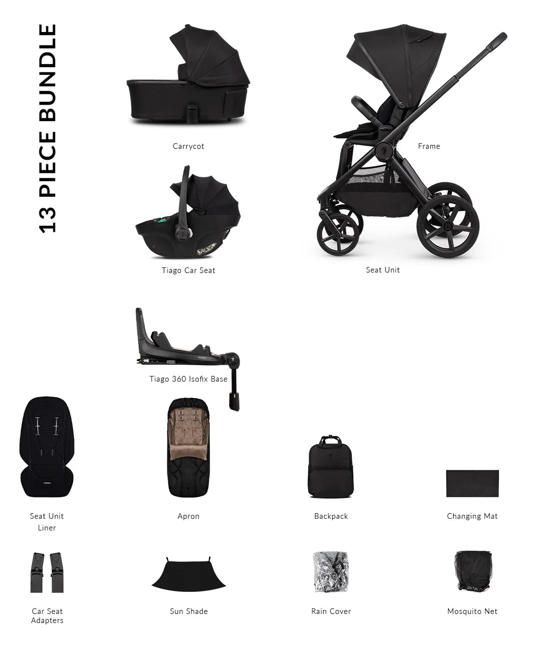 Venicci Upline3 Travel System Inc Tiago Car Seat & 360 Base 13 Piece Luxury Bundle - Onyx Beige Car Seat