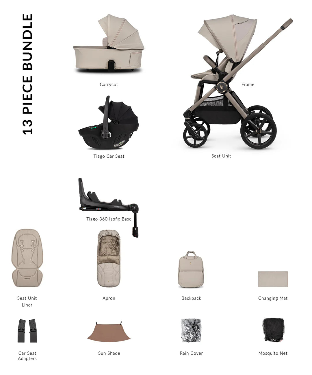 Venicci Upline3 Travel System Inc Tiago Car Seat & 360 Base 13 Piece Luxury Bundle - Pebble Beige Car Seat