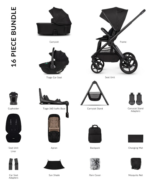 Venicci Upline3 Travel System Inc Tiago Car Seat & 360 Base 16 Piece Ultimate Bundle - Onyx Beige Car Seat