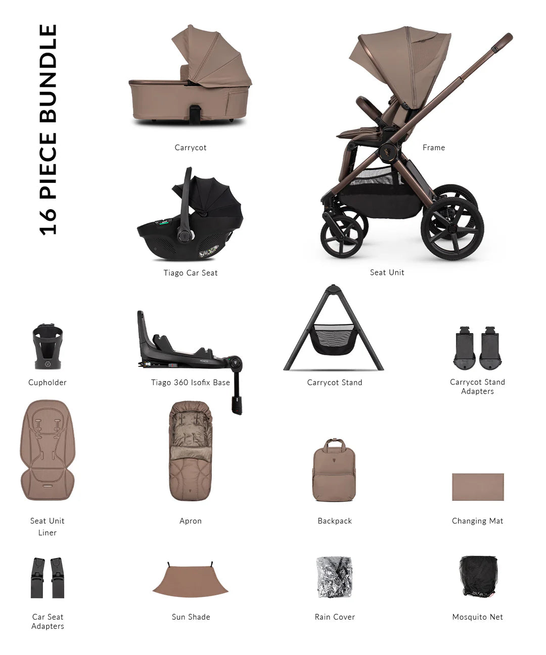 Venicci Upline3 Travel System Inc Tiago Car Seat & 360 Base 16 Piece Ultimate Bundle - Sand Black Car Seat