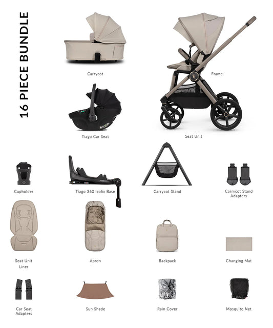 Venicci Upline3 Travel System Inc Tiago Car Seat & 360 Base 16 Piece Ultimate Bundle - Pebble Beige Car Seat