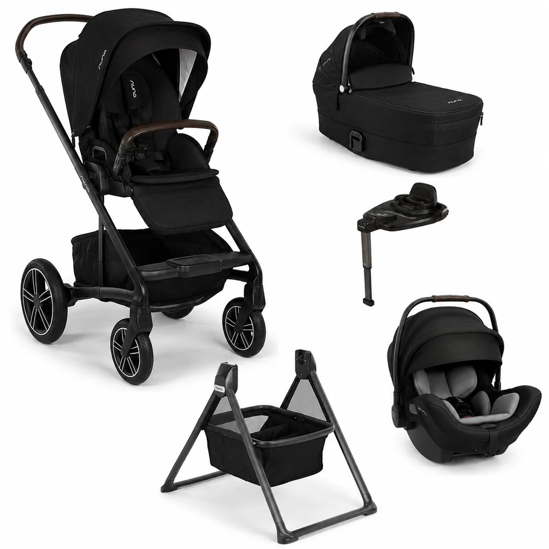 Nuna MIXX Next Pushchair, MIXX Next Carrycot, ARRA Flex Car Seat and BASE Curv Bundle, Caviar FREE Carrycot Stand
