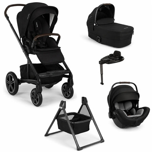 Nuna MIXX Next Pushchair, MIXX Next Carrycot, ARRA Flex Car Seat and BASE Curv Bundle, Caviar FREE Carrycot Stand