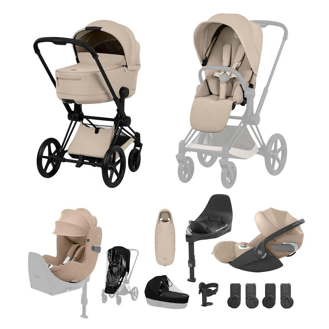 Cybex Priam Ultimate Birth & Beyond Bundle - Comfort Collection Cozy Beige /Black Chassis