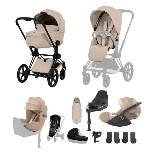Cybex Priam Ultimate Birth & Beyond Bundle - Comfort Collection Cozy Beige /Black Chassis
