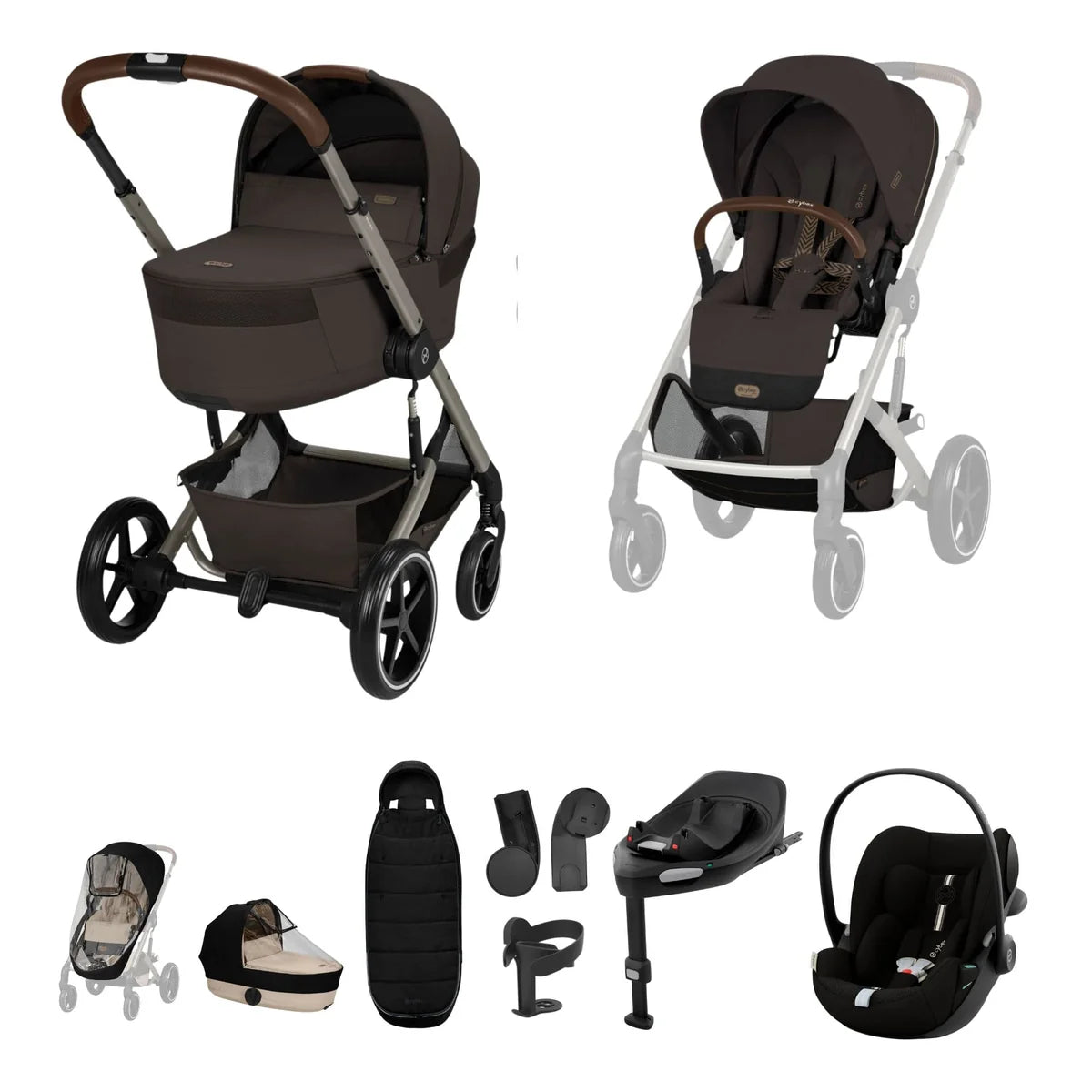 Cybex Balios S Lux + Folding Carrycot Bundle with Cloud G3 Plus Car Seat Chocolate