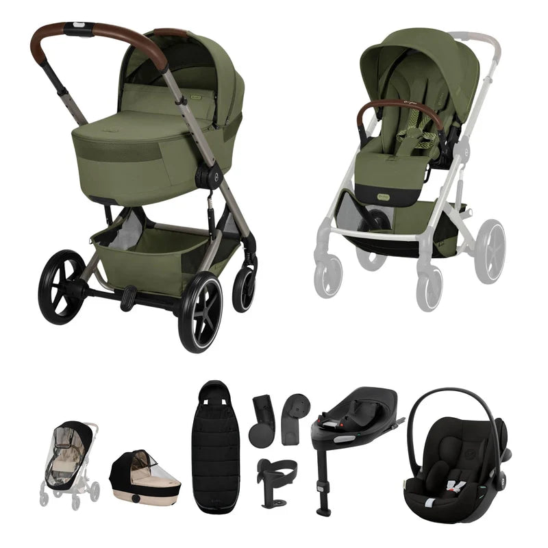Cybex Balios S Lux + Folding Carrycot Bundle with Cloud G3 Plus Car Seat Moss Green