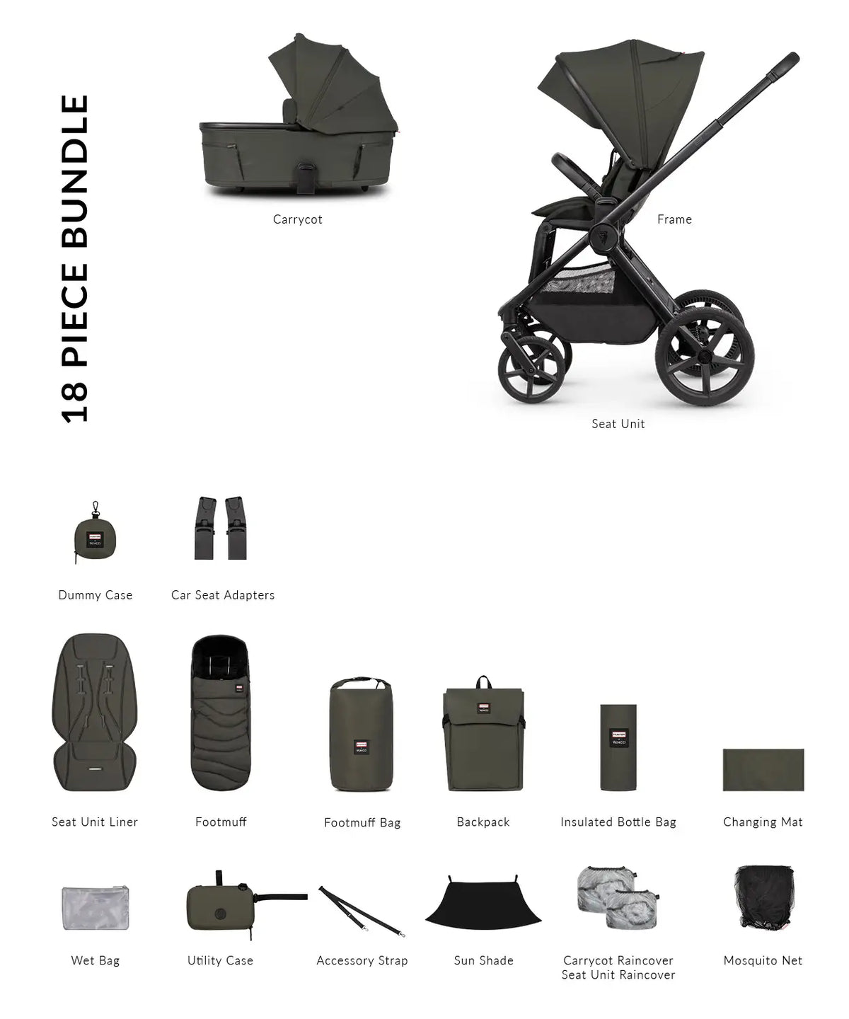 Venicci Hunter x Venicci Upline 3 Dark Olive Pram Essential Bundle