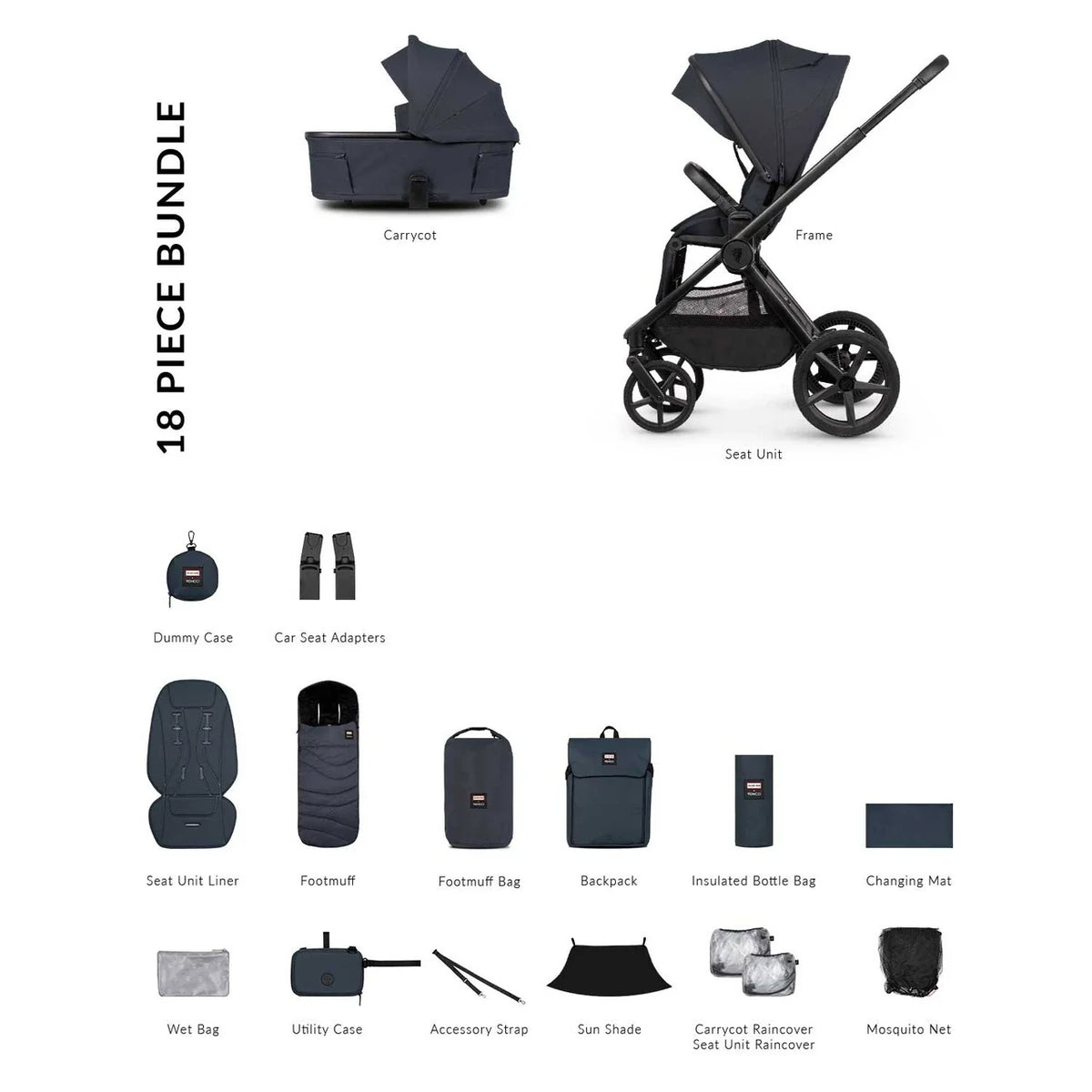 Venicci Hunter x Venicci Upline 3 Dark Navy Pram Essential Bundle