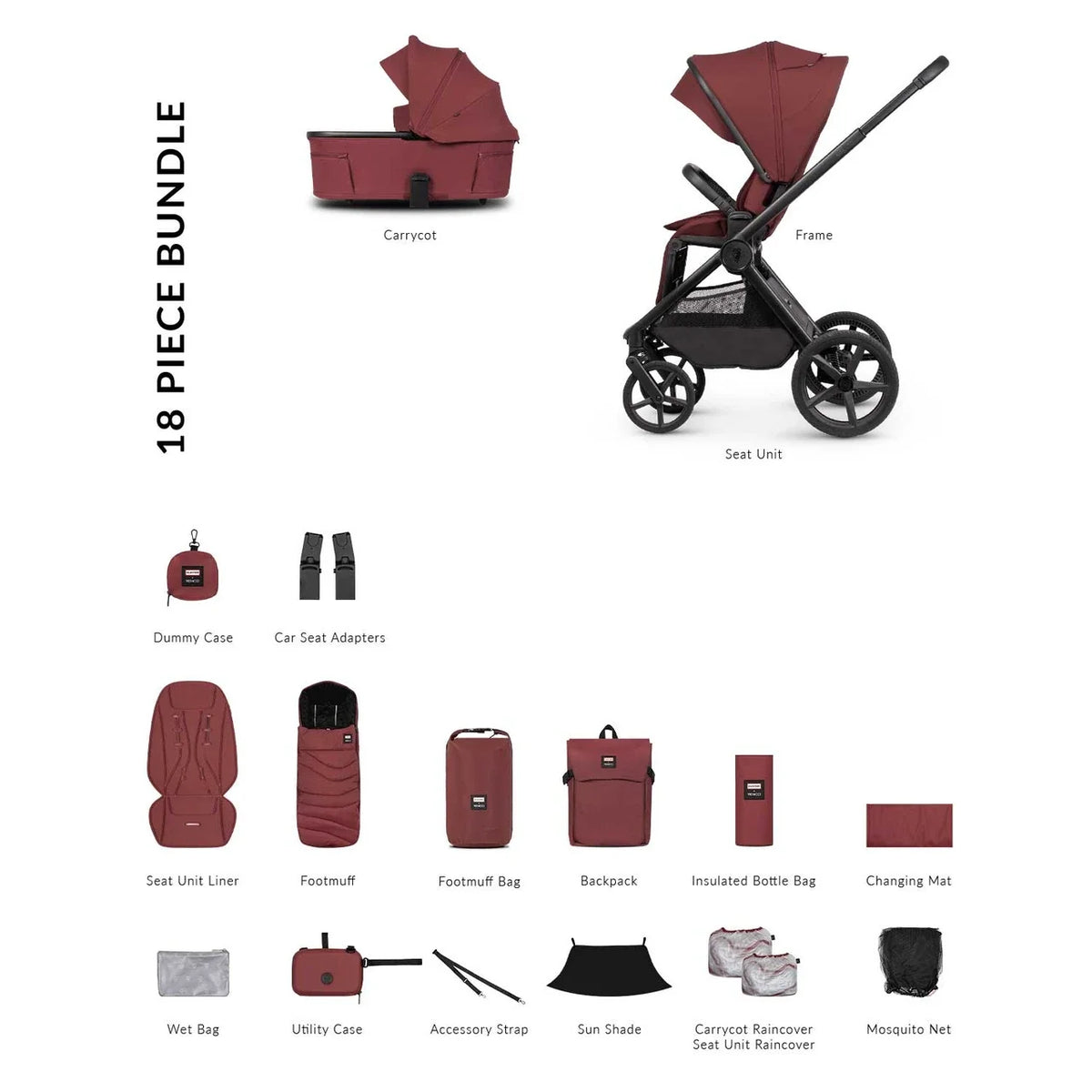 Venicci Hunter x Venicci Upline 3 Dark Red Pram Essential Bundle