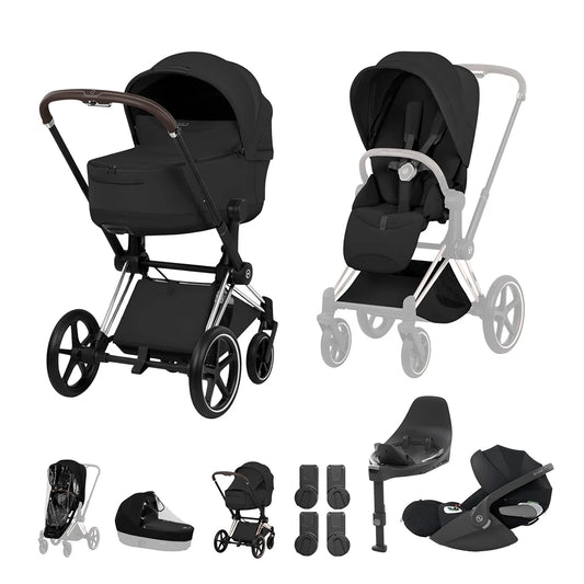 CYBEX PRIAM Fold Cot Travel System Bundle - Style Sepia Black Chrome/Brown