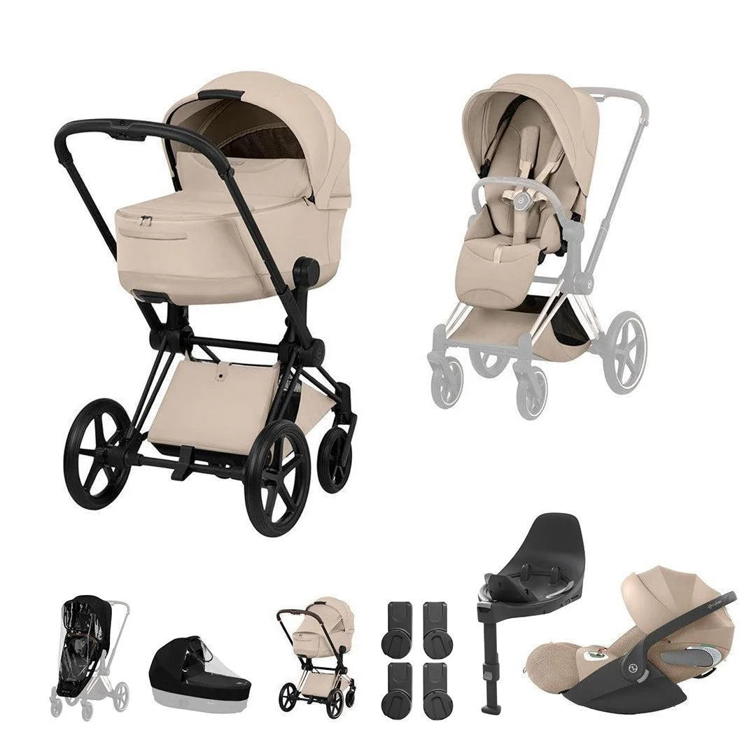 CYBEX PRIAM Fold Cot Travel System Bundle - Style Cozy Beige Matt Black