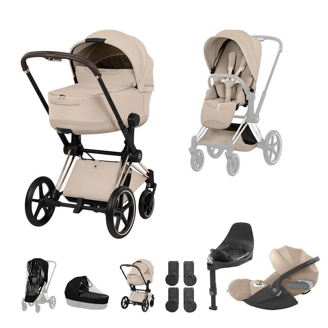 CYBEX PRIAM Fold Cot Travel System Bundle - Style Cozy Beige Rose Gold