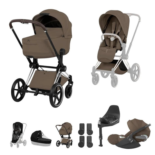 CYBEX PRIAM Fold Cot Travel System Bundle - Style Coconut Brown Chrome Brown