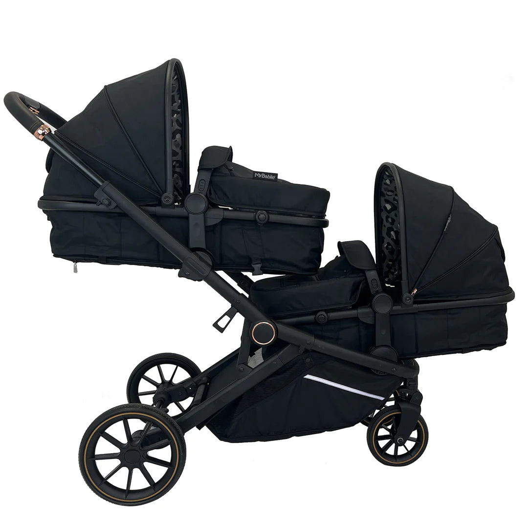 My Babiie MB33 Tandem Pushchair with 2 Infant Carriers & 2 Bases - Black Leopard *PRE ORDER