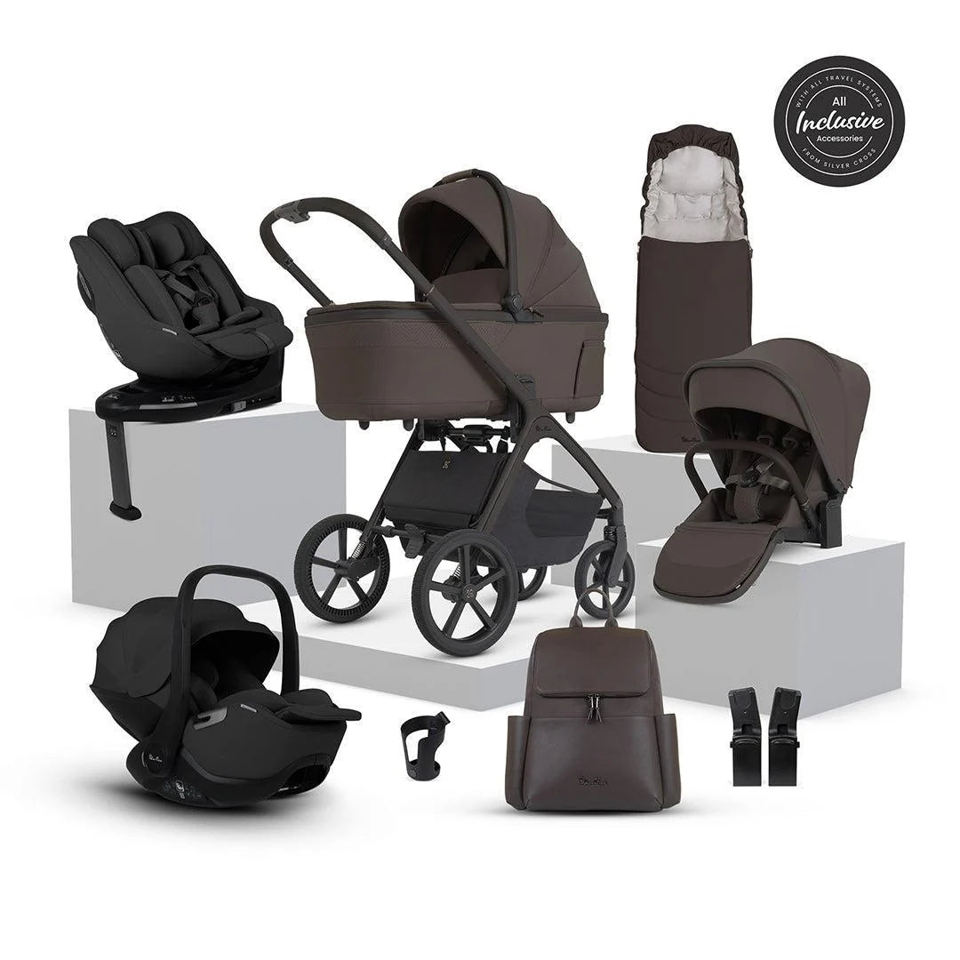 Silver Cross Cove 2 Travel System Ultimate 360 Family Car Seat Bundle (11 piece) Chocolate Iconic Black Car Seats