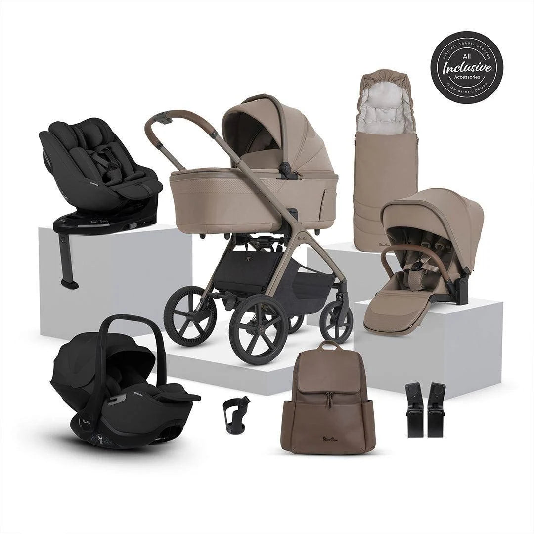Silver Cross Cove 2 Travel System Ultimate 360 Family Car Seat Bundle (11 piece) Champagne Iconic Black Car Seats