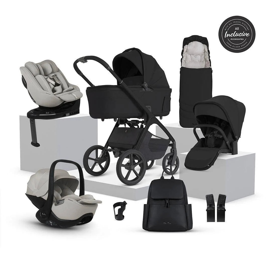 Silver Cross Cove 2 Travel System Ultimate 360 Family Car Seat Bundle (11 piece) Onyx  Natural Taupe Car