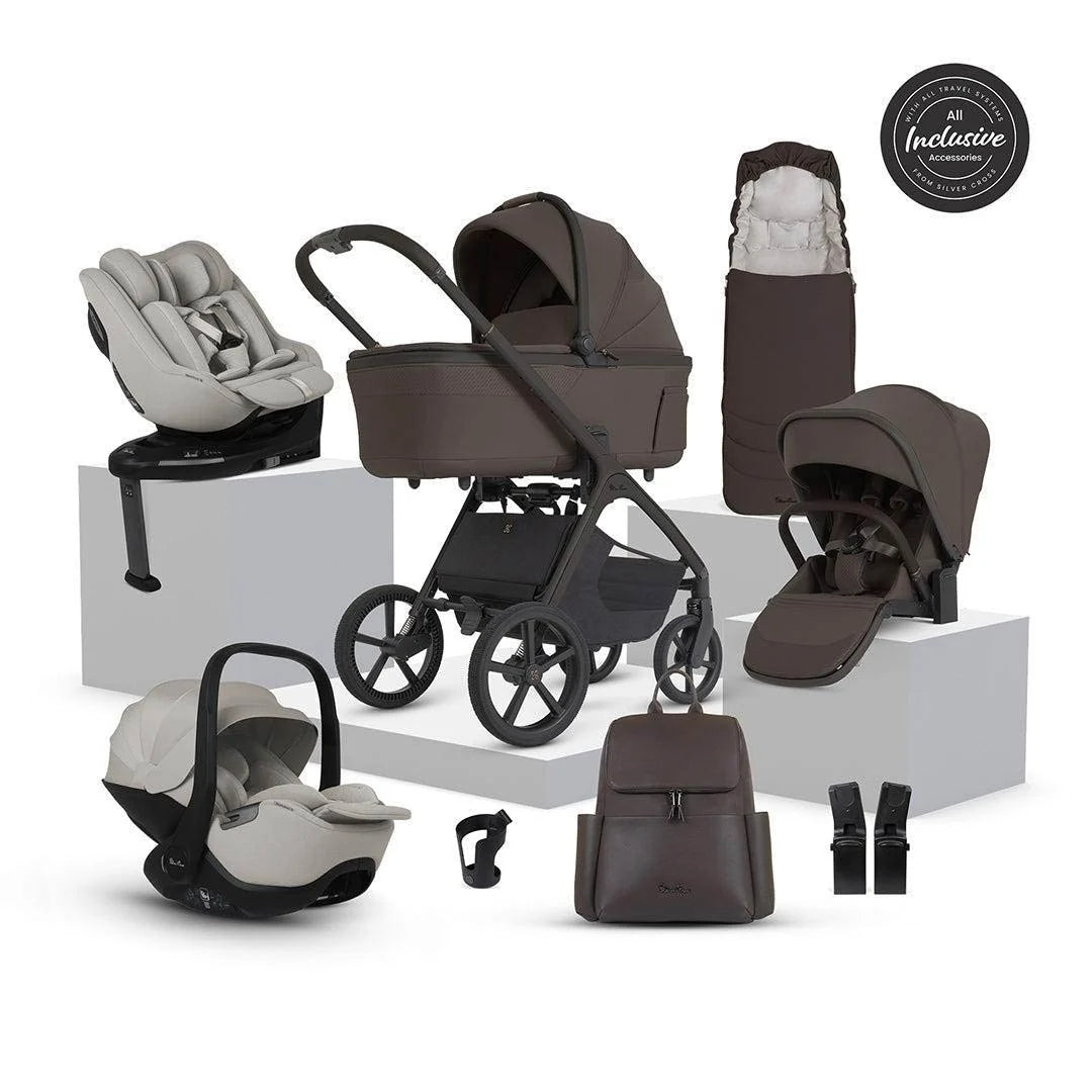 Silver Cross Cove 2 Travel System Ultimate 360 Family Car Seat Bundle (11 piece) Chocolate Natural Taupe Car Seats