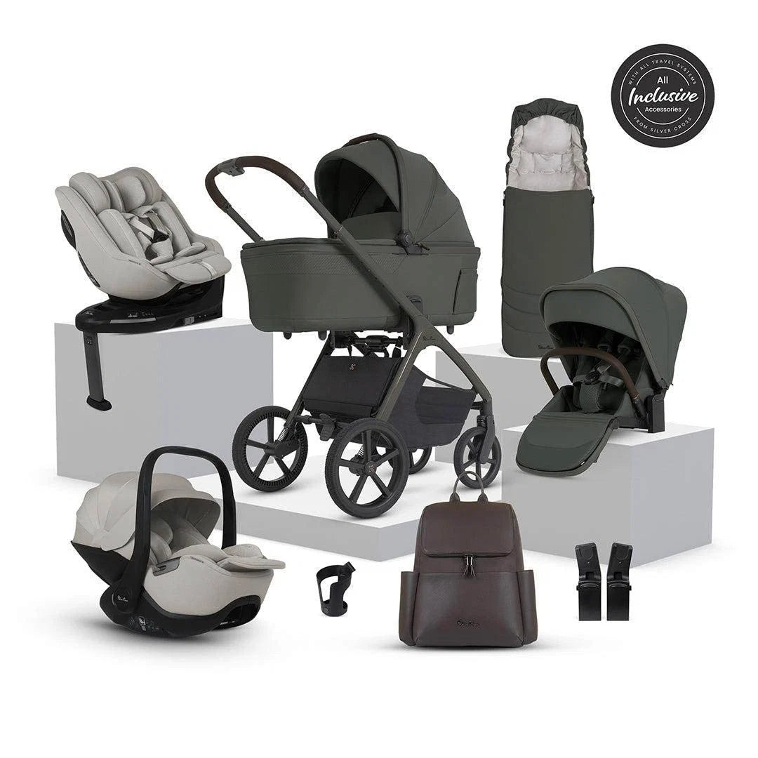 Silver Cross Cove 2 Travel System Ultimate 360 Family Car Seat Bundle (11 piece) Pewter Natural Taupe Car Seats