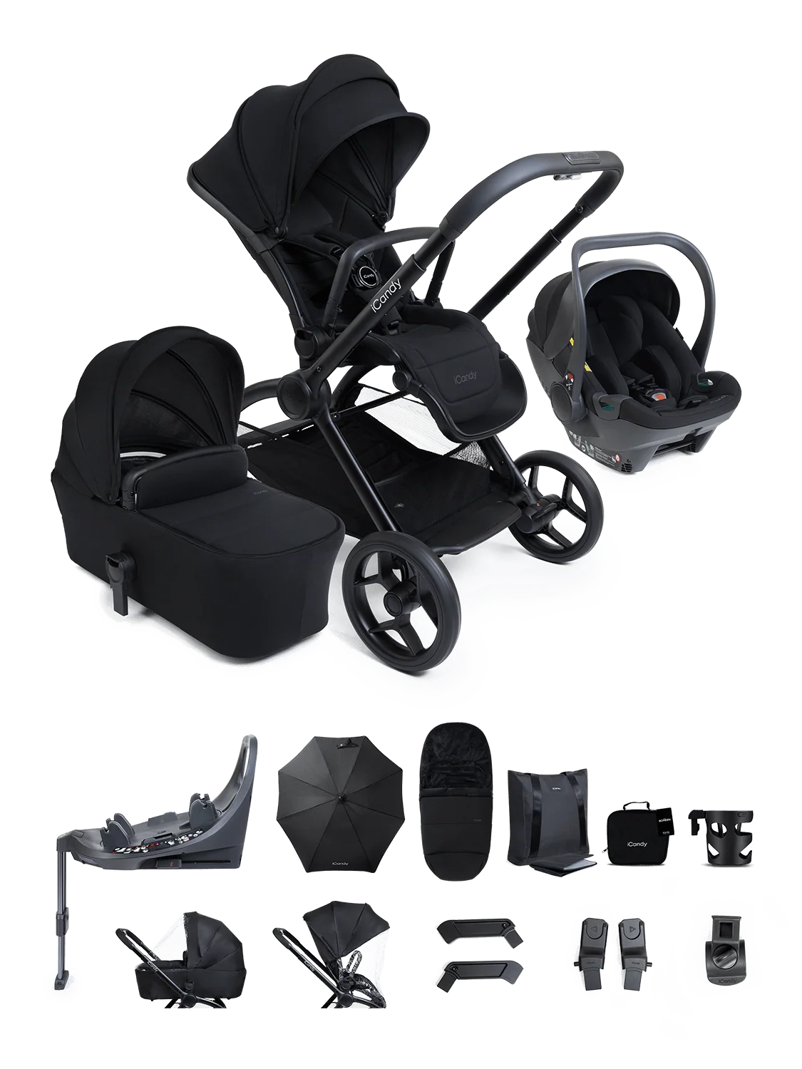 iCandy Core 2 Pushchair and Carrycot - Complete 360 Car Seat Bundle Black