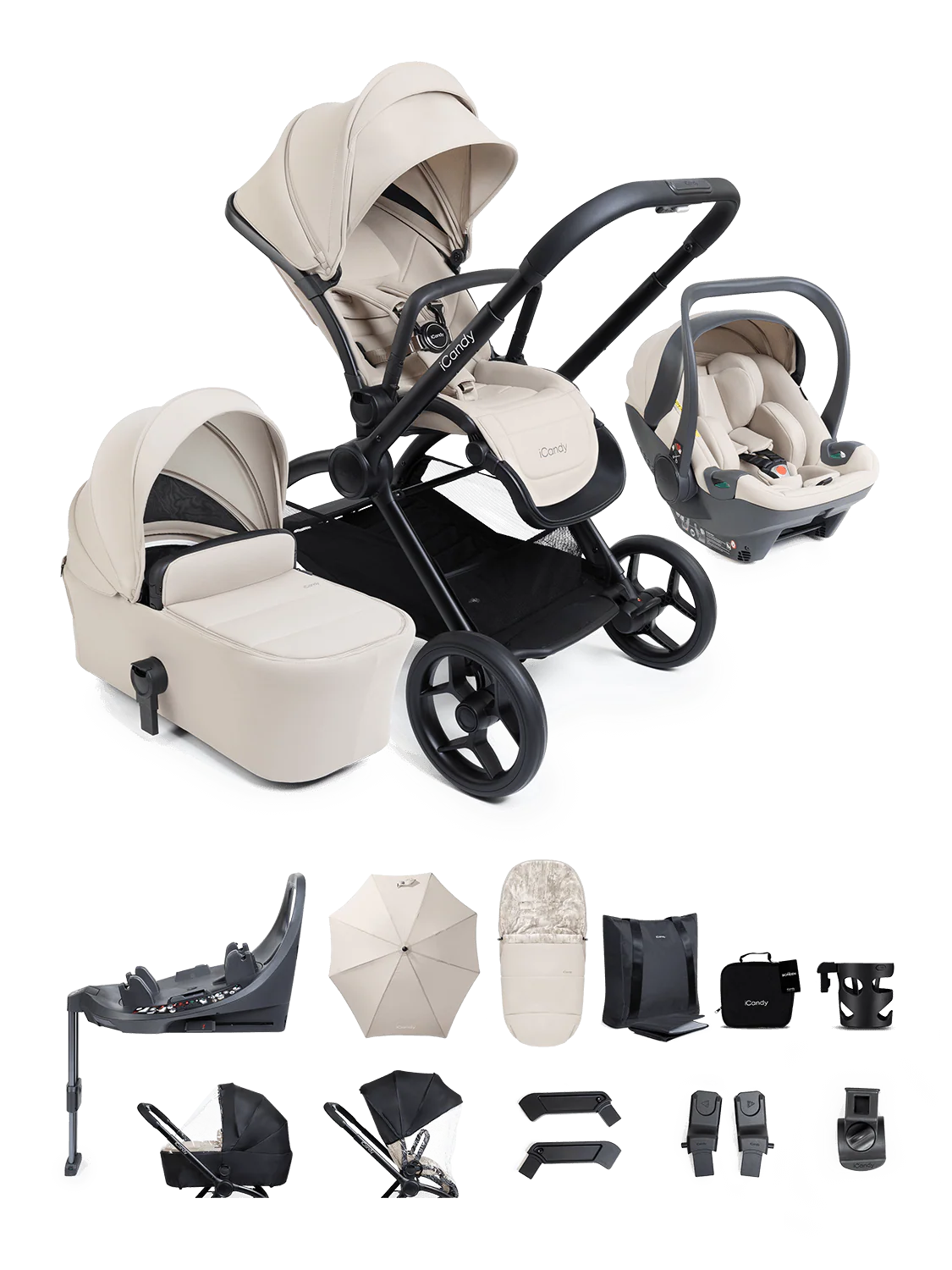 iCandy Core 2 Pushchair and Carrycot - Complete 360 Car Seat Bundle Sandstone
