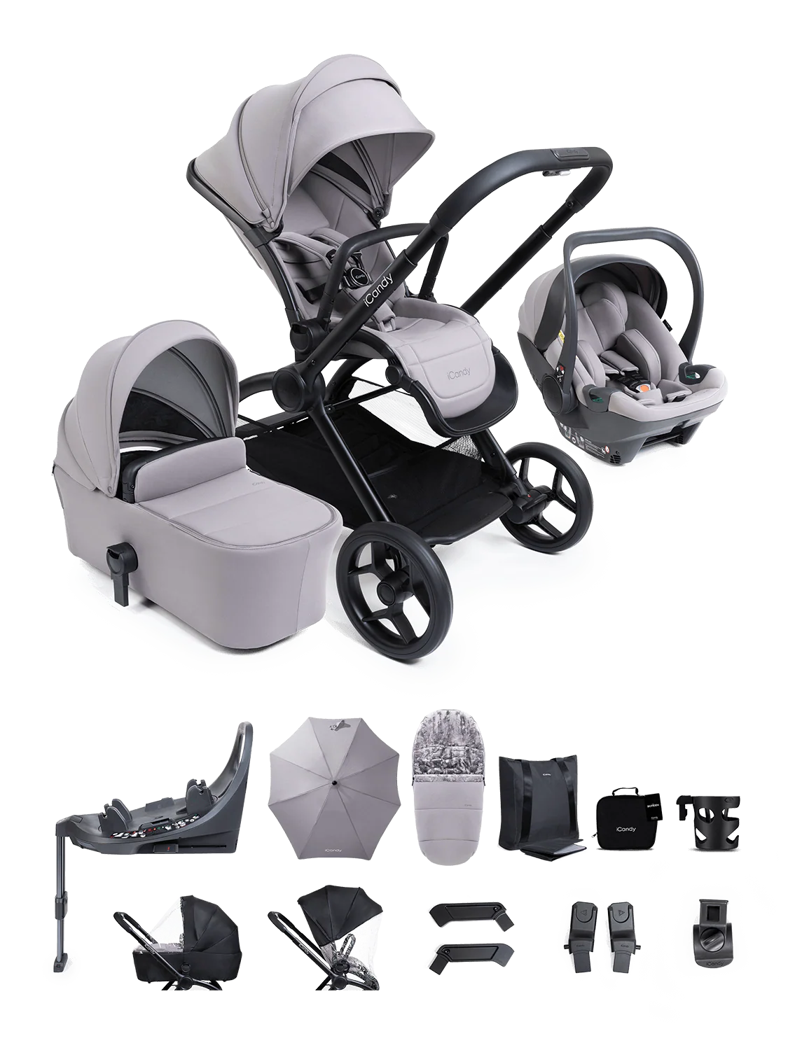iCandy Core 2 Pushchair and Carrycot - Complete 360 Car Seat Bundle Storm Grey