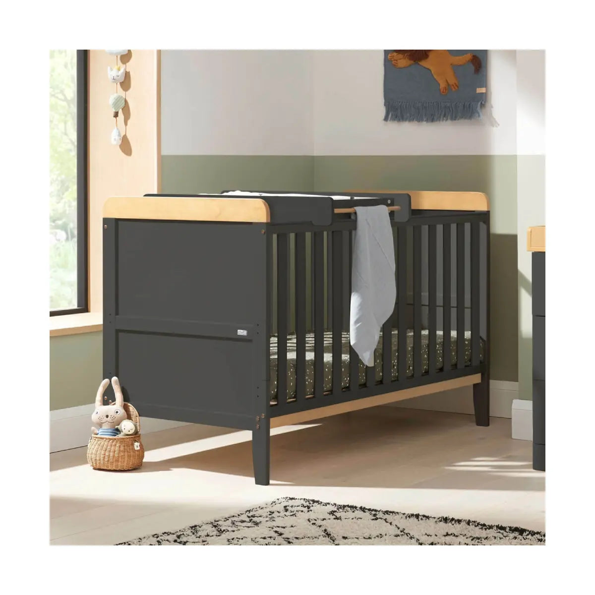 Tutti Bambini Rio Cot Bed Bundle Including Cot Top Changer and Mattress - Slate Grey And Oak