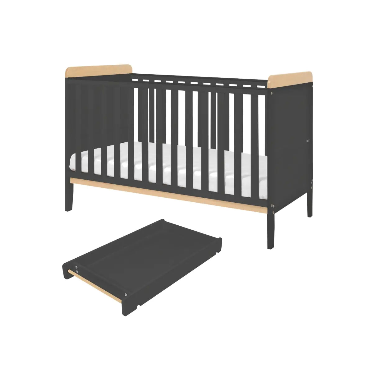 Tutti Bambini Rio Cot Bed Bundle Including Cot Top Changer and Mattress - Slate Grey And Oak