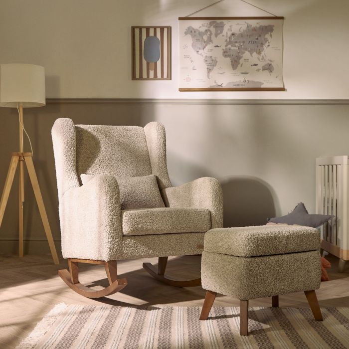 Harper Wingback Rocking Chair & Footstool - Teddy Mushroom