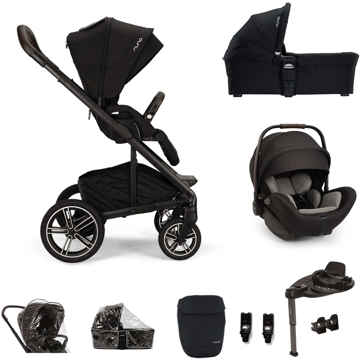 Nuna MIXX Next Pushchair, MIXX Next Carrycot, ARRA Flex Car Seat and BASE Curv Bundle, Caviar